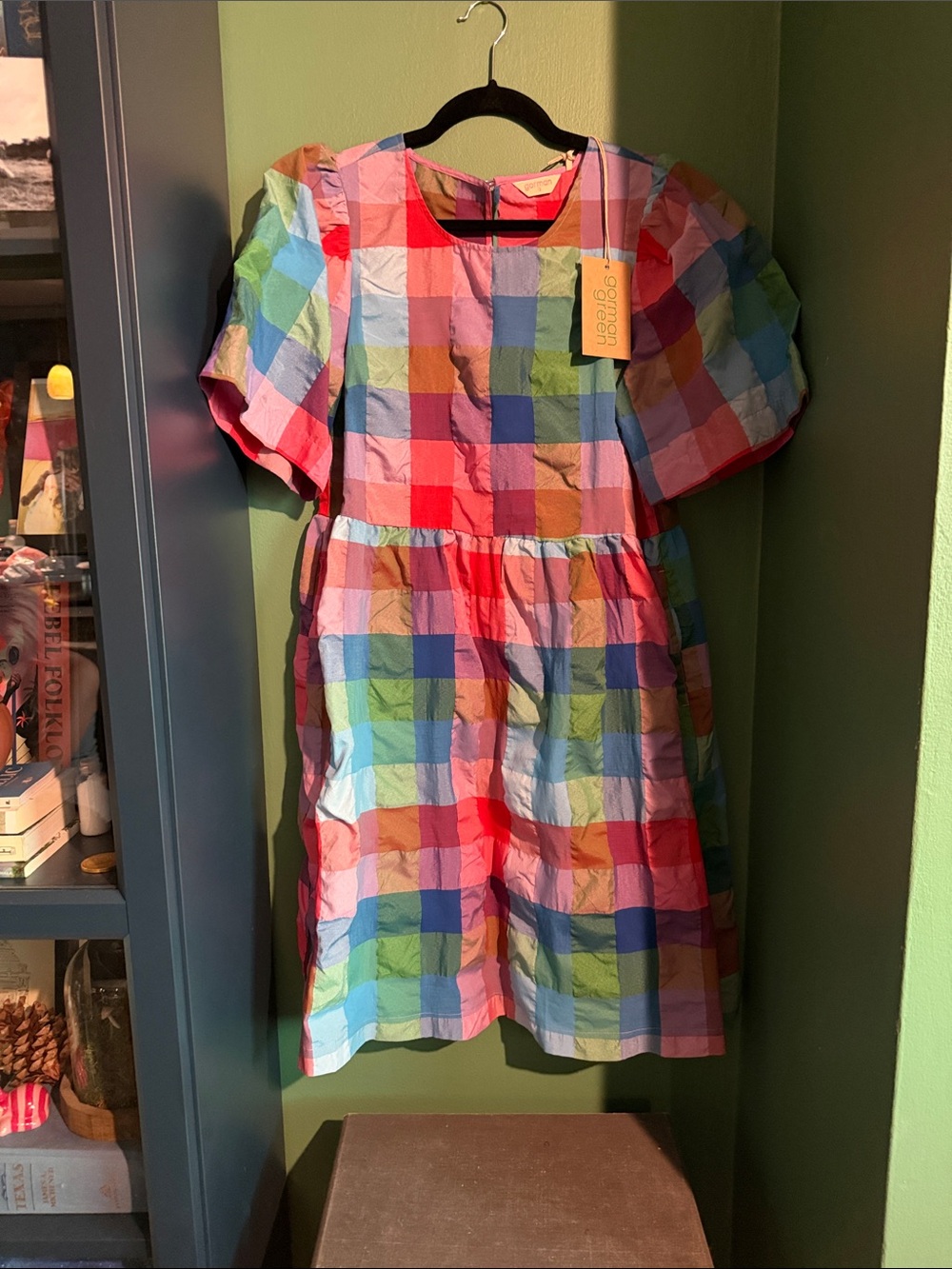 gorman Multicolor Check Puff-Sleeve Midi Dress